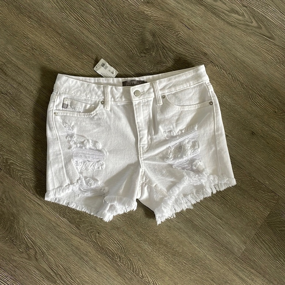 Ruby and Jenna mid rise super destroyed short denim shorts